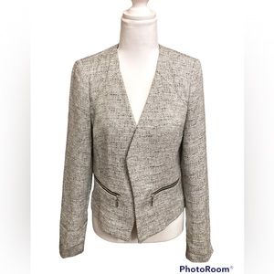 WHBM Woven Tweed Open Front Moto Blazer Jacket Zipper Pockets